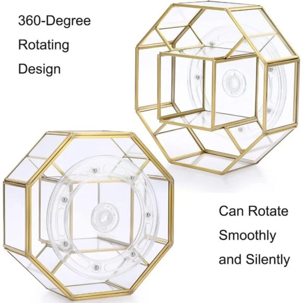 360° Rotating Glass Makeup Organizer, Gold 5-Slot Vanity Storage for Cosmetics